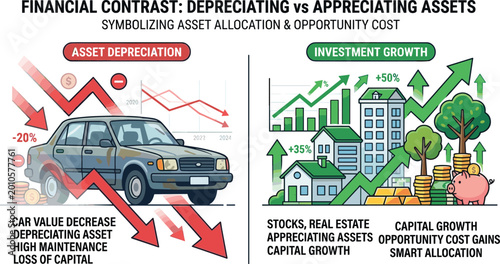 Quadro su tela Financial infographic comparing asset depreciation vs investment growth, car val