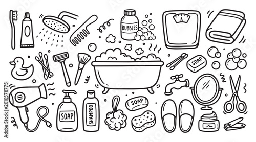Doodle Bathroom icons set. Hand drawn scribble washing icons. Graphic design elements isolated on white background. Vector illustration and PNG file