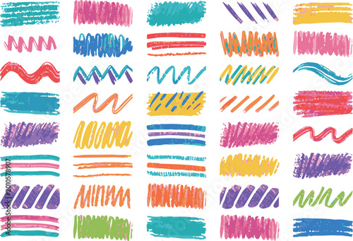 Schilderij op canvas Colorful Vector Hand-Drawn Brush Strokes Collection, Vivid Crayon Scribbles and
