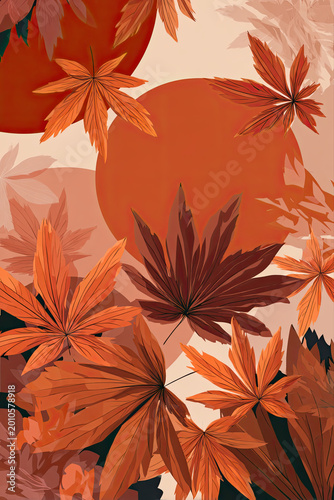 Vibrant orange maple leaves falling against a stylized warm sun for autumn season concept and minimalist nature background with artistic organic textures
