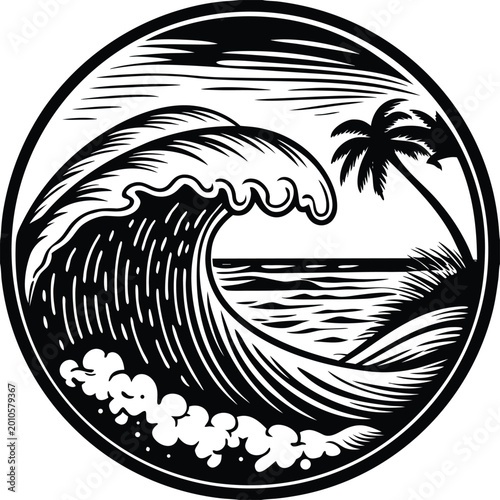 Canvas Print Black and white wave, ocean wave, tropical beach, palm tree, vector icon