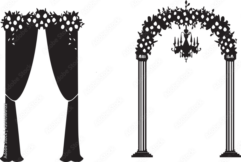 Fototapeta premium Elegant Wedding Arch Silhouette Vector Collection Featuring Floral Decorations, Luxurious Chandelier, and Romantic Curtains for Wedding Ceremony Entrances and Event Decor Design