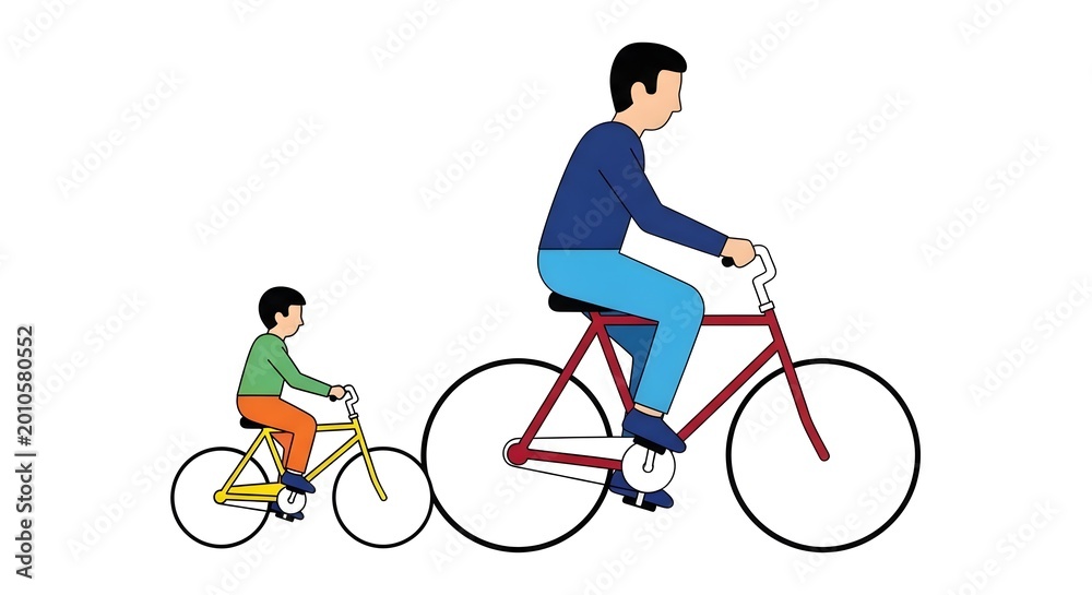 Obraz premium Father and son cycling together, illustrating different bicycle sizes and the joy of outdoor family activities, growth, and learning to ride.