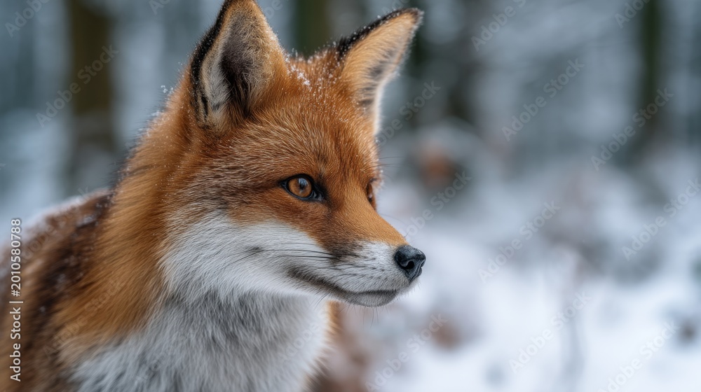 Fototapeta premium A majestic red fox stands gracefully in a snowy landscape. Its vibrant fur contrasts with the winter backdrop. This wildlife portrait captures the essence of nature. AI