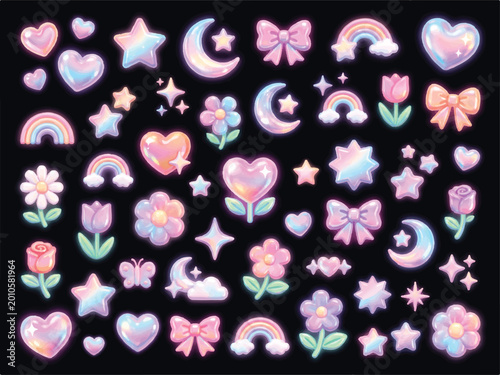 Set of cute pastel holographic stickers with hearts stars flowers rainbows and bows on black background