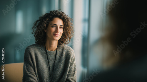 Thoughtful young woman during psychotherapy session in modern counseling office creating calm emotional support and mental wellness concept