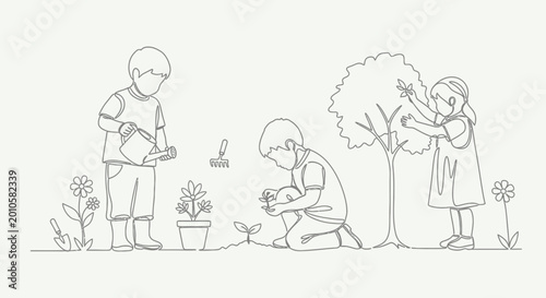 Children Planting and Watering Plants, Gardening, Nature, Outdoor Activity, Single Line Art