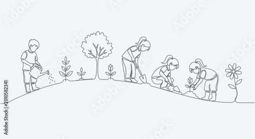 Children Planting Flowers and Watering Seedlings in a Garden Line Art