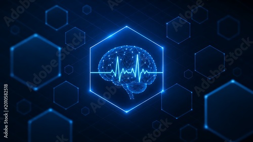 Neon Digital Brain with ECG Heartbeat Line on Futuristic Medical Technology Background