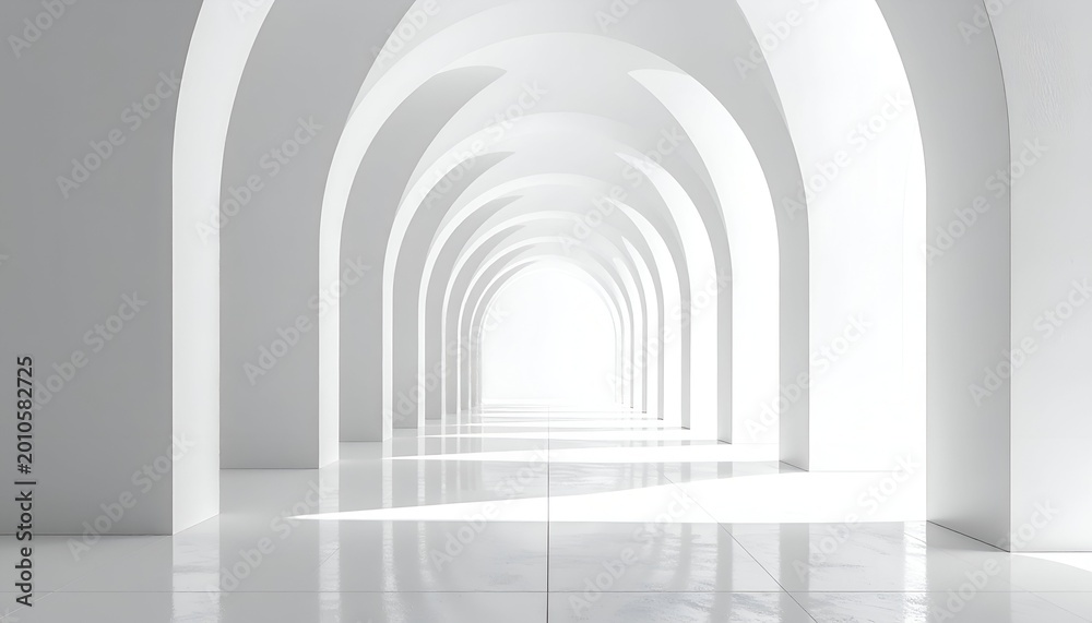 Fototapeta premium All-white hallway receding into bright light through repeating arches