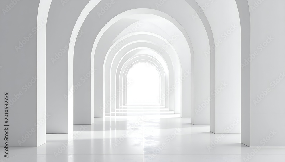Obraz premium All-white hall with repeating arches leading to bright light
