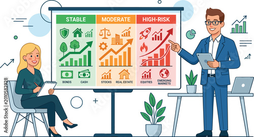 Bild auf Leinwand Investment risk level infographic, stable bonds, moderate stocks, high-risk equi