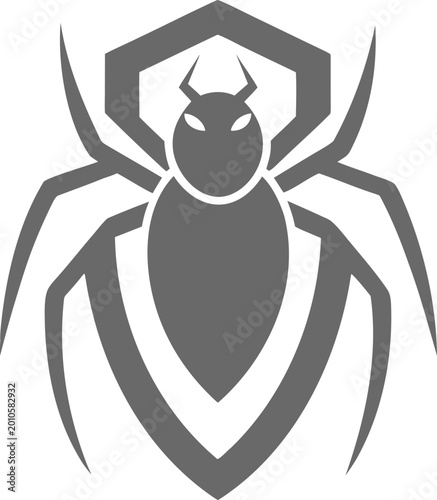 Stylized grey spider silhouette within a shield or emblem on a transparent background.