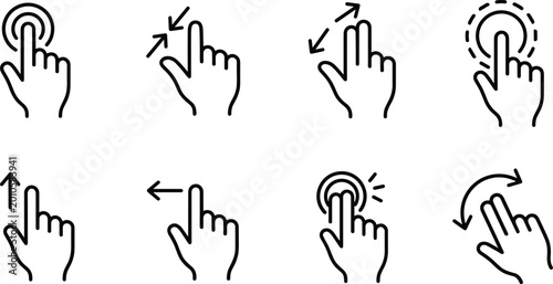 Vector Set of Touch and Gesture Icons Including Tap, Swipe, Scroll, Drag, and Pinch for Mobile and Web Interface Design