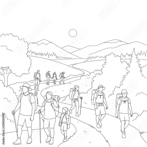 Tableau sur toile People hiking on a winding trail.