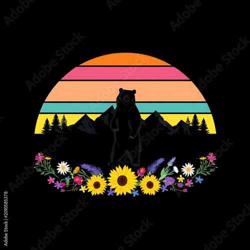 Black bear standing on mountain landscape with colorful sunset and flowers