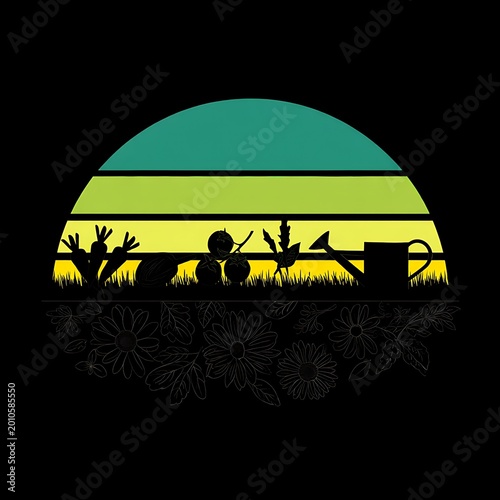 Gardening tools and silhouettes of plants on green yellow sunset background