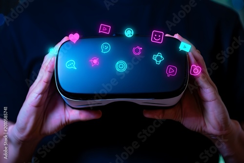 Person holding virtual reality headset with social media icons floating around  technology
