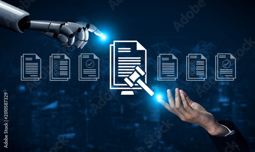 Konstfotografi A dynamic representation of the intersection between artificial intelligence and law, featuring a robot hand and legal documents in a digital backdrop, symbolizing innovation and automation