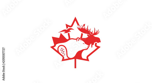 Red moose on maple leaf logo.