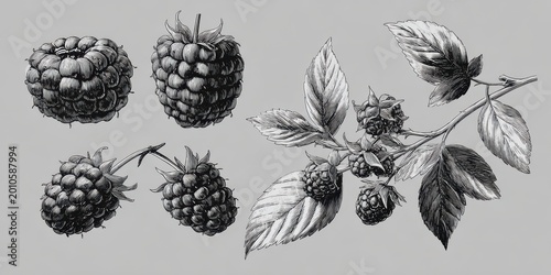 Detailed black and white botanical illustrations of raspberries and a raspberry branch with leaves in a vintage engraving style on a light gray background