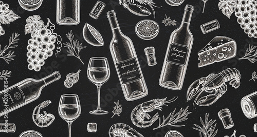 Vintage wine and seafood seamless pattern chalk style illustration with lobster and grapes.