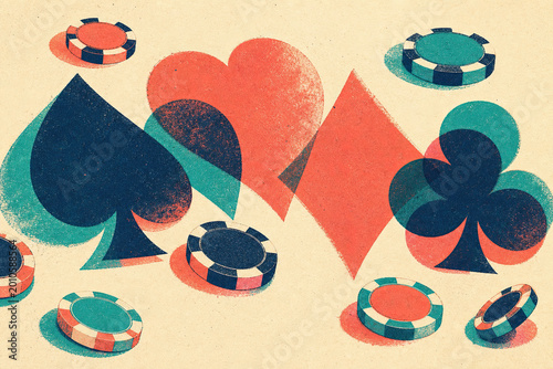 Colorful vintage pattern featuring classic playing card suits and poker chips on a textured beige background. Retro style with overlapping red and blue elements creates a unique design.