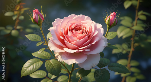 large pink rose with green leaves and buds in garden