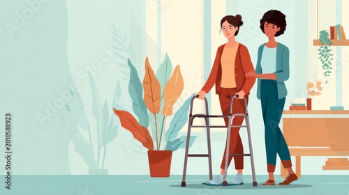 Two Women in a Bright Center Helping a Patient Relearn to Walk with a Walker in a Modern Interior Space