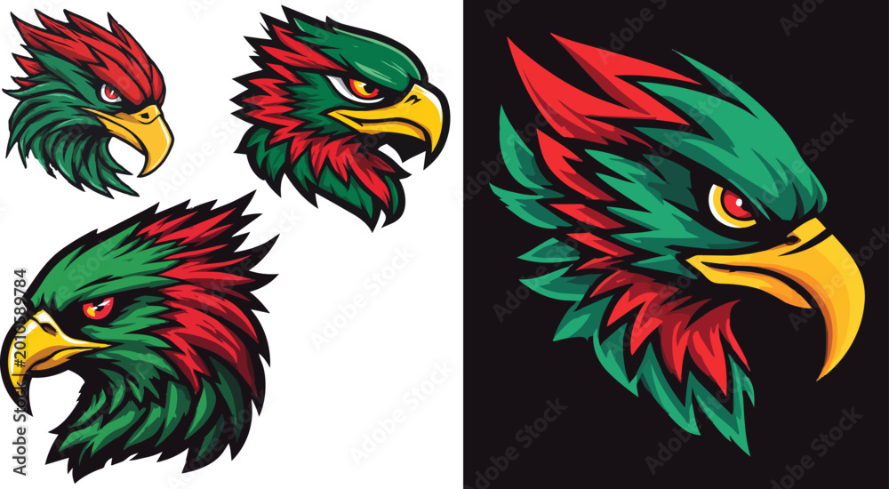 Fototapeta premium Eagle head icons, green, red, yellow, vector graphics, 3 illustrations, bird heads