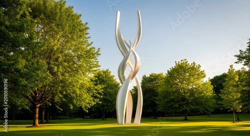 modern abstract sculpture in park with trees