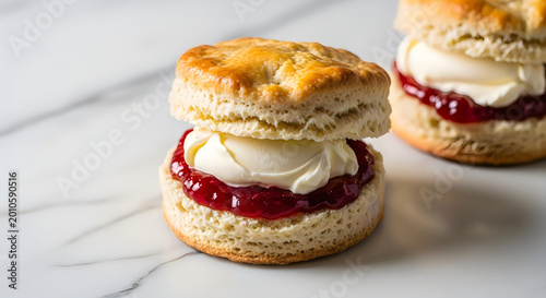 Delicious scones with jam and cream on marble surface