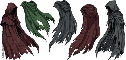 Fotografija Tattered Cloak Set with Hood and Frayed Edges in Red, Green, Black, and Burgundy