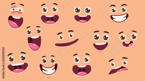 Cute Cartoon Face Expression Set with Funny Eyes Mouth and Emoji Emotions on Peach Background Illustration