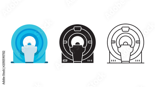 MRI scanner machine diagnostic imaging equipment vector icon set, medical radiology technology symbols, hospital diagnostic imaging concept