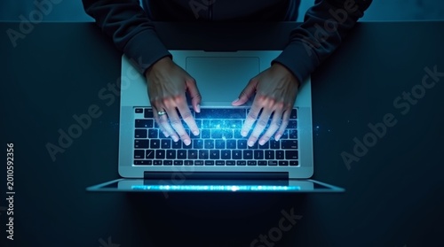 Overhead shot of hands on MacBook with glowing AI text projection, blue digital particles floating in air, dark background subtle blue ambient light, ultra realistic