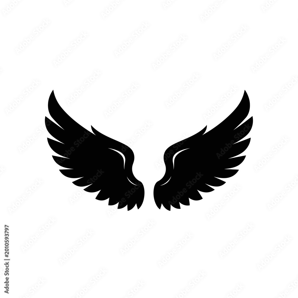 Fototapeta premium Black silhouette of bird wings isolated on white background.