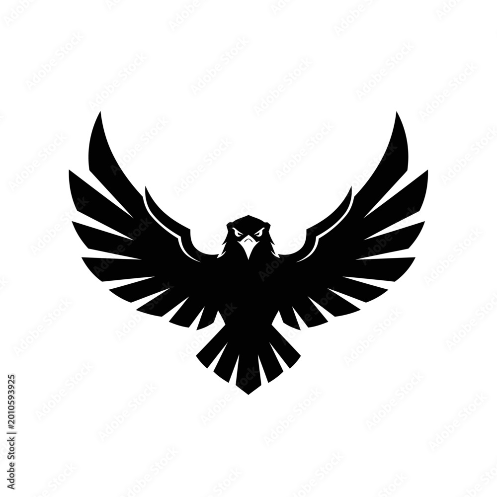 Fototapeta premium Minimalist black eagle silhouette icon with wings spread wide.