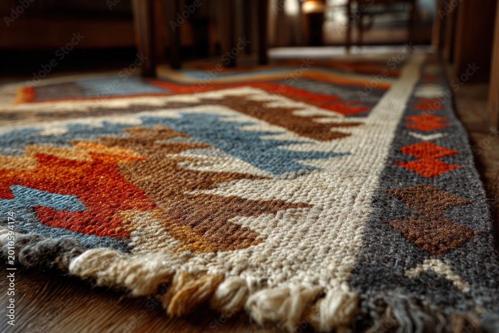 Fototapeta premium Close-up of a colorful patterned rug in a cozy room