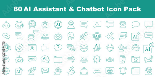 Obraz na plátne Machine Learning and AI Robot Line Icon Set – Chatbot, Virtual Assistant, Smart Technology Outline Vector Icons for Futuristic App UI Design