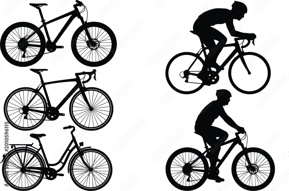 Obraz premium Bicycle and cyclist silhouette set with different bike types and riders isolated on white background vector illustration