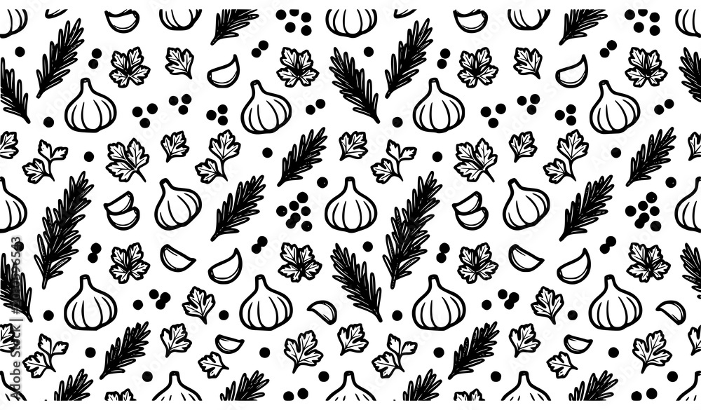 Naklejka premium Garlic peppercorn rosemary parsley flat lay pattern minimalist bold line art vector