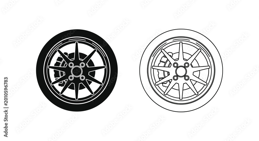 Fototapeta premium Car wheel and tire silhouette black and white outline high quality
