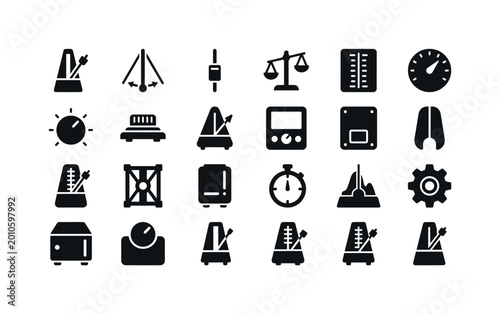 Metronome structures like pendulums weights cases dials bases and construction elements of tempo devices clean solid filled icon
