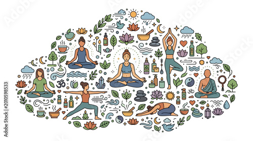фотографія Yoga and meditation wellness doodle composition with people in various poses