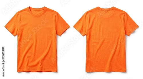 Neon orange cotton t-shirt template showing front and back views, isolated on a pure white background for professional design