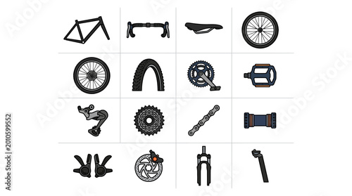 Tableau sur toile Set of sixteen black bicycle parts and accessories icons.