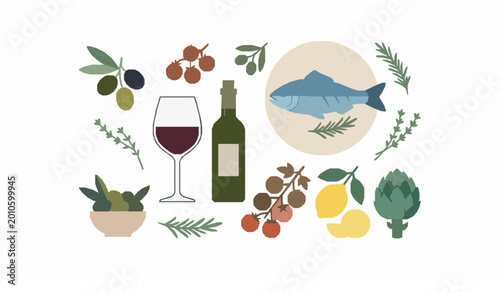 Foto Minimal Mediterranean food vector illustration with olive tomato lemon wine fish