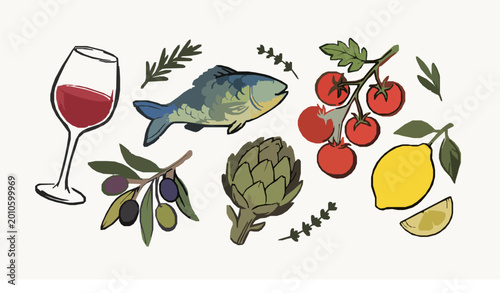 Bild auf Leinwand Hand drawn abstract Mediterranean food vector with olive tomato lemon wine fish