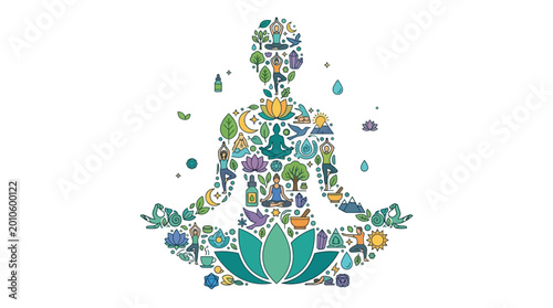 Photography Meditating person silhouette composed of colorful spiritual and yoga icons